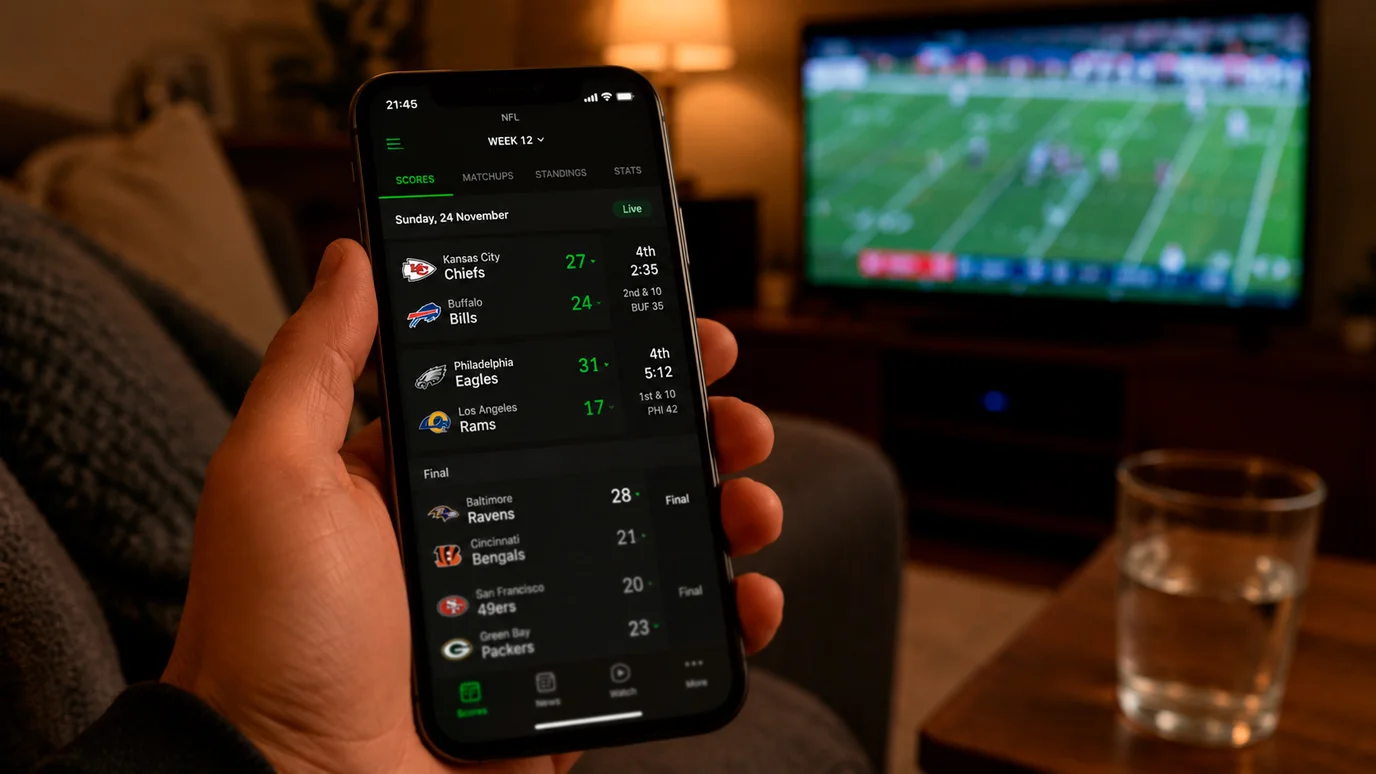 Close-up of a hand holding a smartphone showing NFL game scores on a Sunday evening