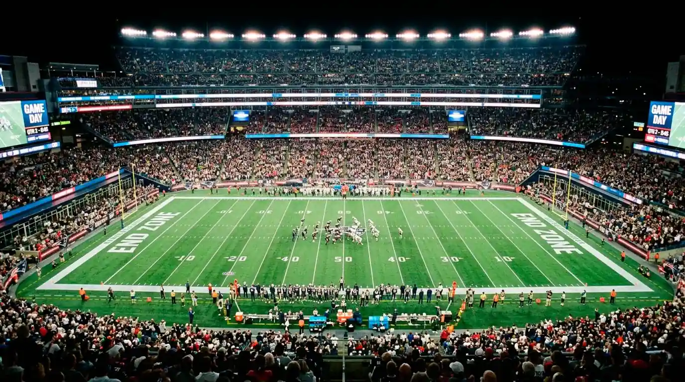 Packed NFL stadium with fans watching an American football game under floodlights